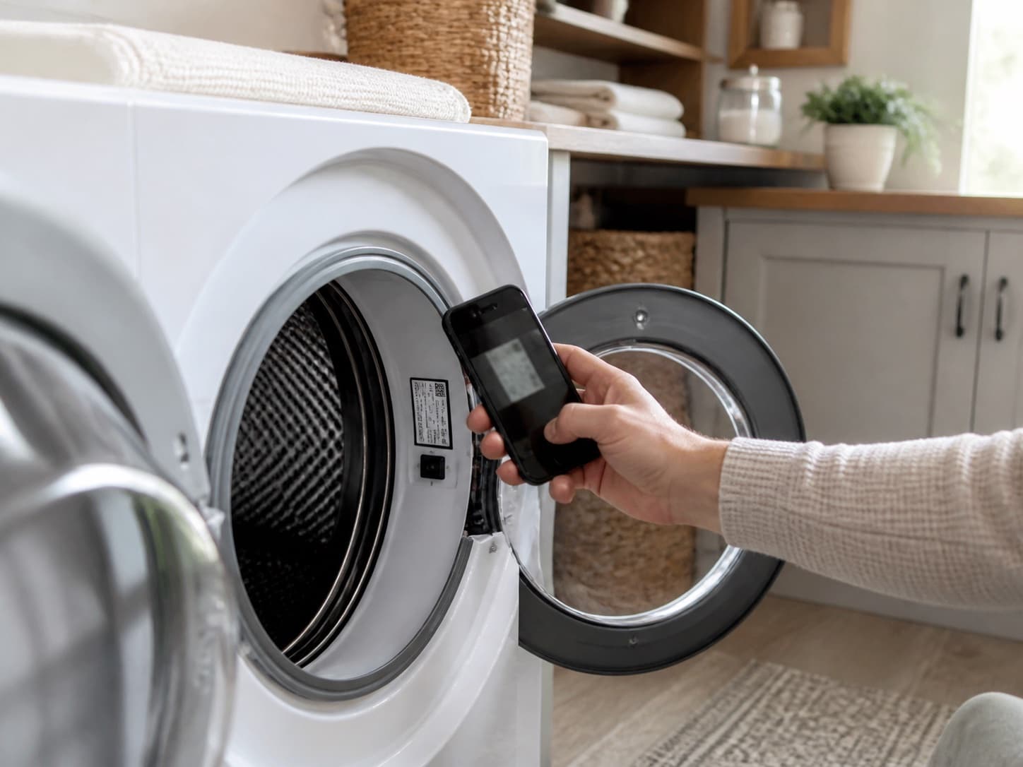 Illustration of a homeowner photographing the nameplate inside a front-load washing machine