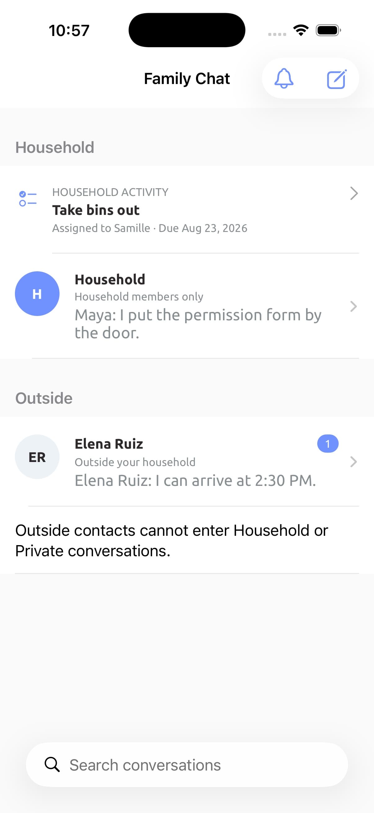 Akeptus Family Chat screen with a pickup-time update