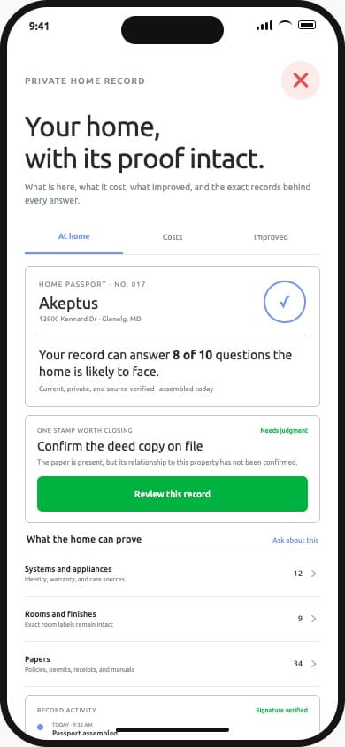 Akeptus Home Passport screen showing a verified home record
